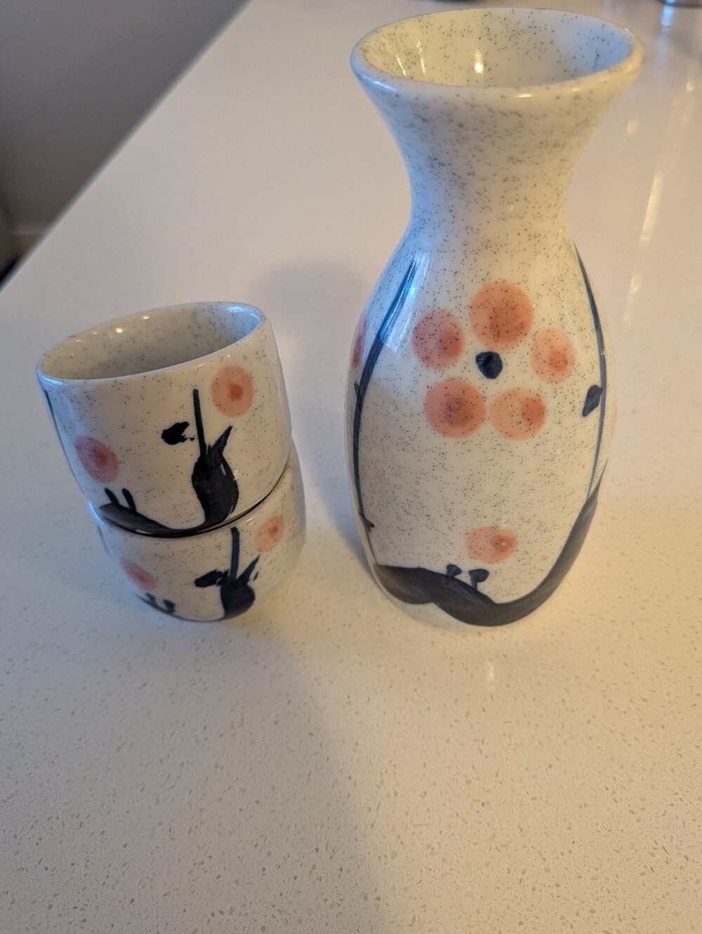 Speckled Ceramic Sake Set with Peach Blossom Motif - White and Peach